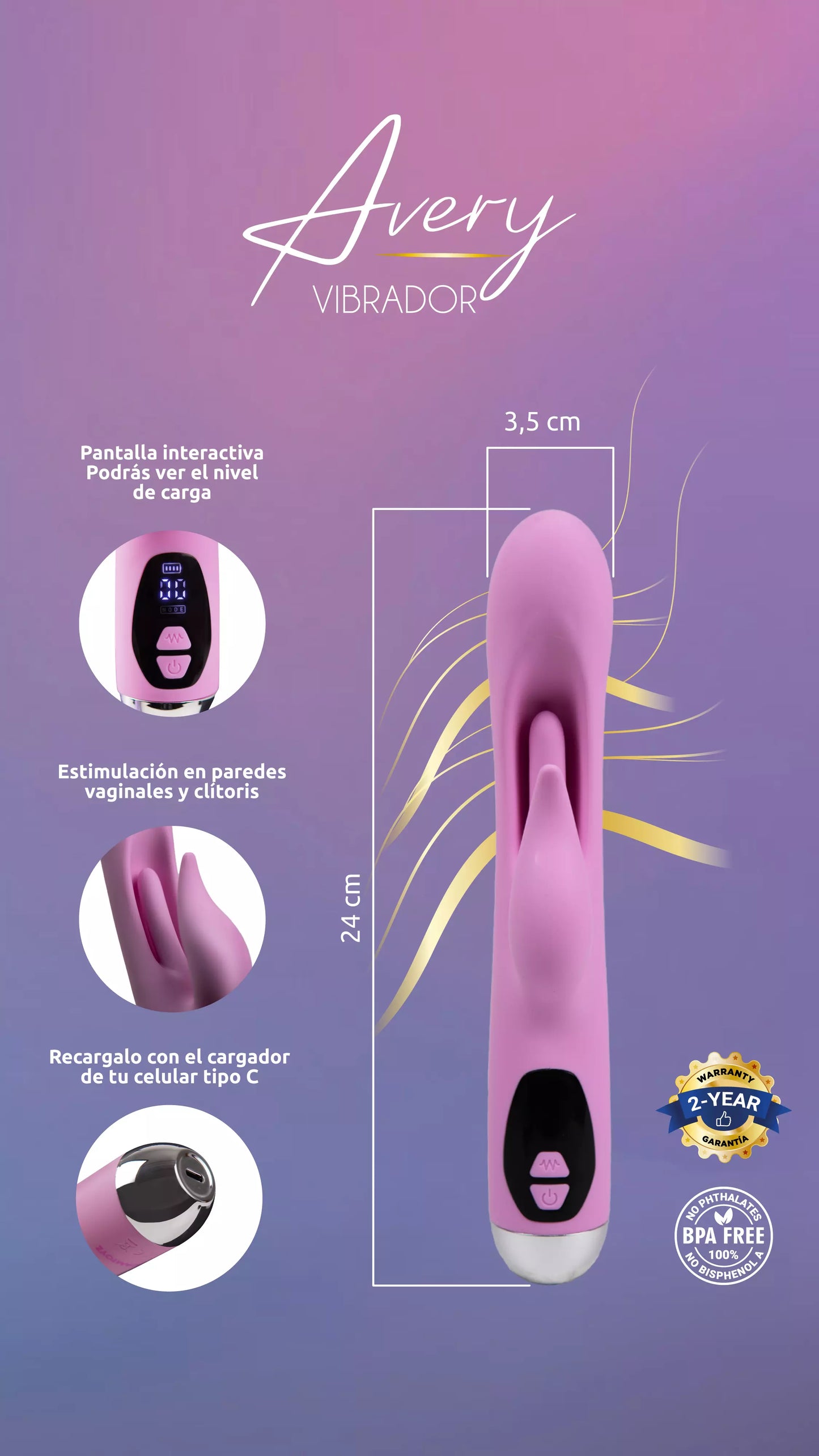 Vibrador de Doble Estimulación Avery: Placer Simultáneo para Punto G y Clítoris