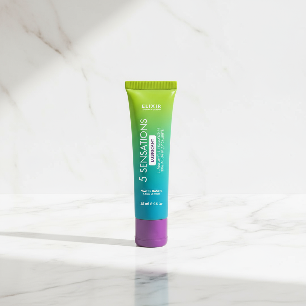 Lubricante íntimo Elixir 5 Sensaciones con Aloe Vera sobre mármol blanco, tienda erótica TuErótica Bogotá Colombia