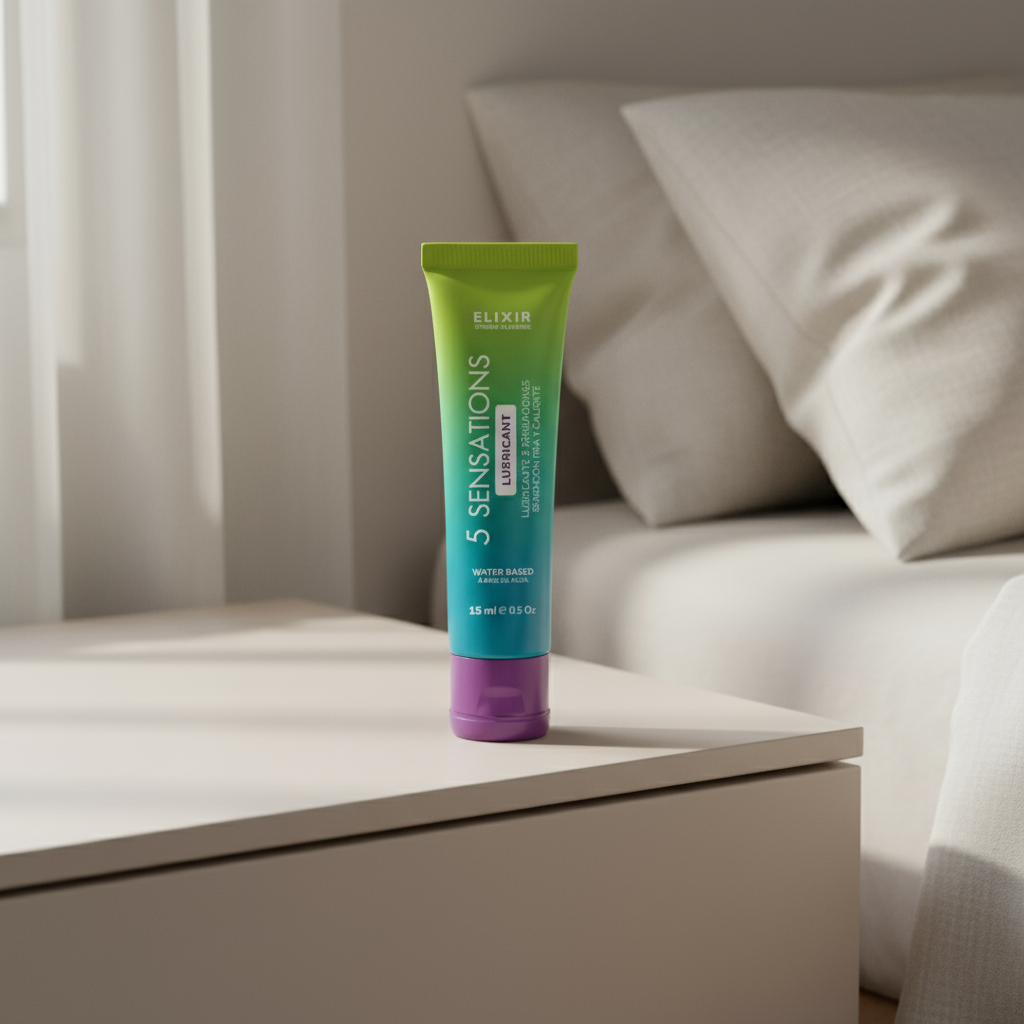 Lubricante Elixir 5 Sensaciones en mesa de noche minimalista, intimidad discreta TuErótica