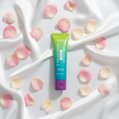 Lubricante Elixir 5 Sensaciones con pétalos de rosa y seda, sex shop elegante TuErótica Colombia