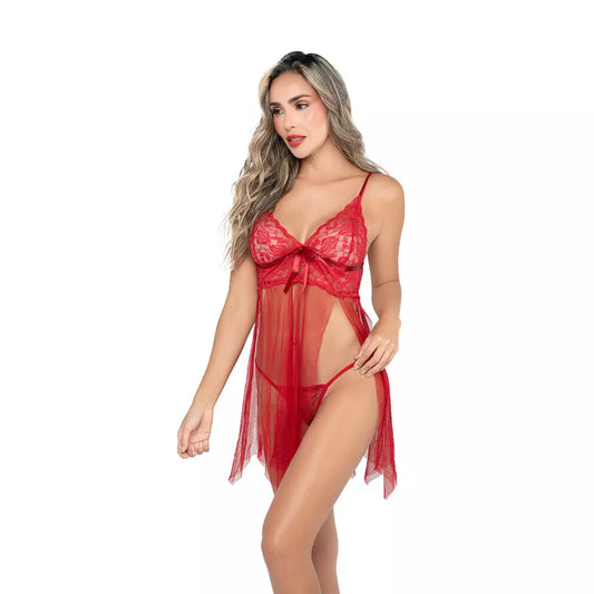 Baby Doll Velvet Lerot en Encaje y Malla Roja – Conjunto de Lencería Fina de Dos Piezas